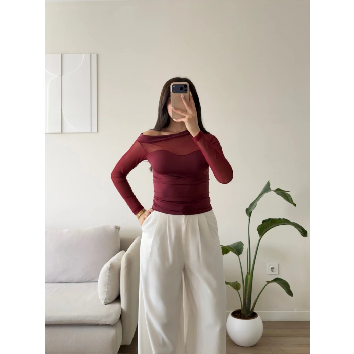 Tül Detay Kayık Yaka Bluz - BORDO