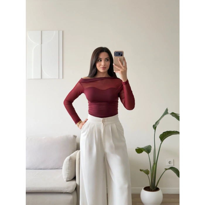 Tül Detay Kayık Yaka Bluz - BORDO
