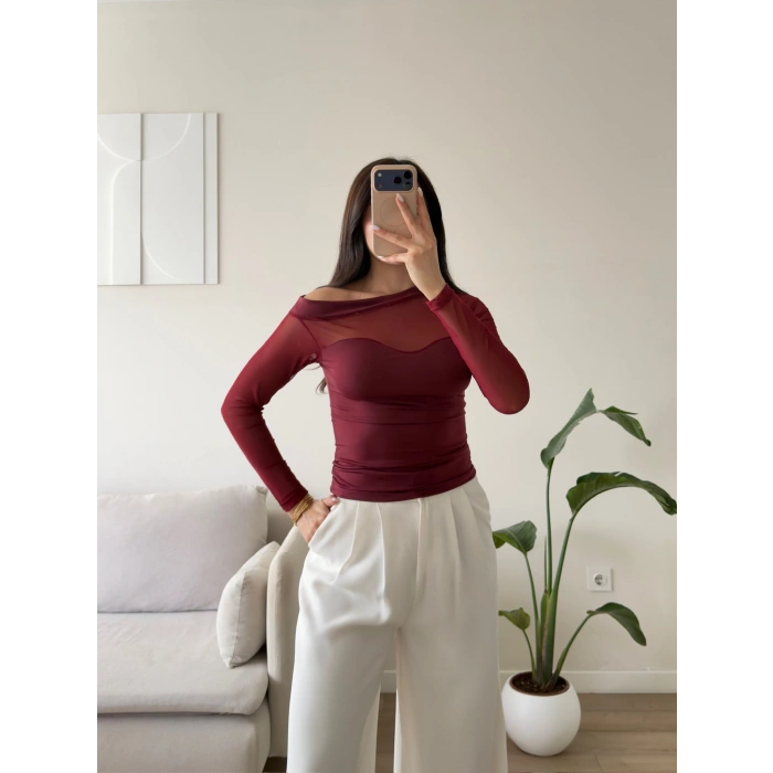 Tül Detay Kayık Yaka Bluz - BORDO