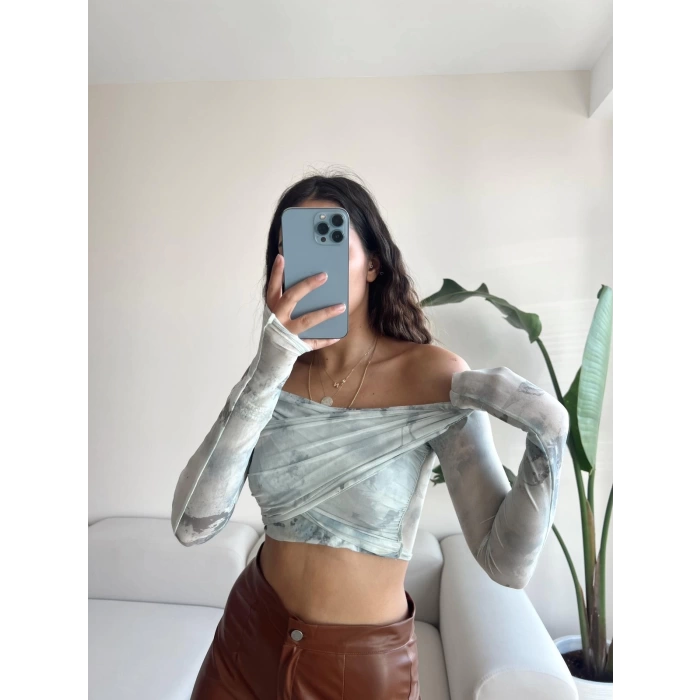 Tül Detay Madonna Yaka Crop Bluz-BATİK BEYAZ