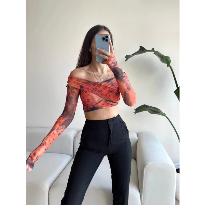 Tül Detay Madonna Yaka Crop Bluz-BATİK TURUNCU