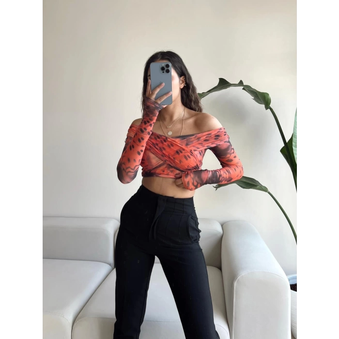 Tül Detay Madonna Yaka Crop Bluz-BATİK TURUNCU