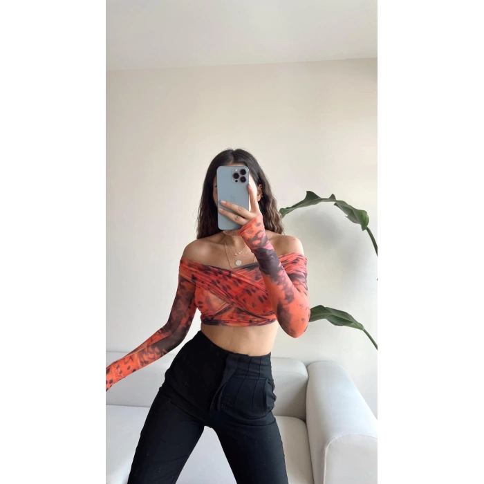 Tül Detay Madonna Yaka Crop Bluz-BATİK TURUNCU