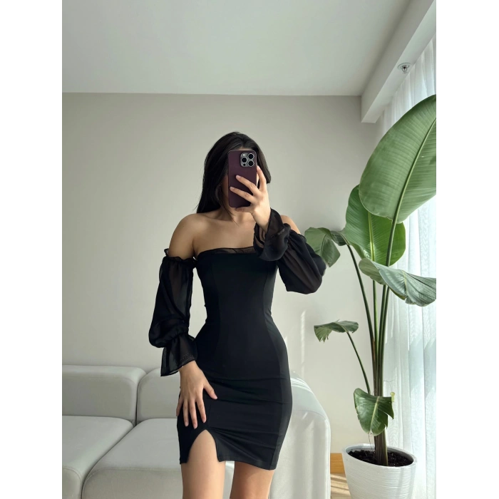 Tül Detay Madonna Yaka Elbise