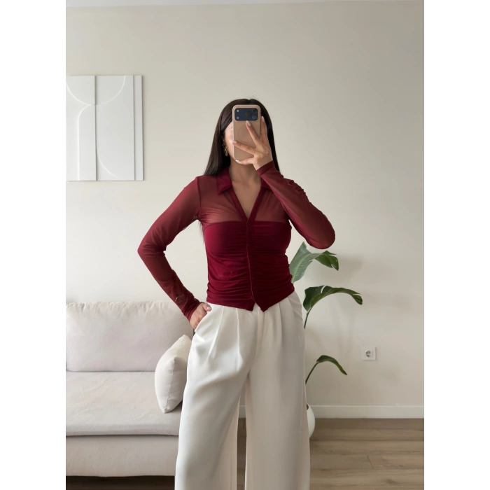 Tül Detay Polo Yaka Bluz - BORDO