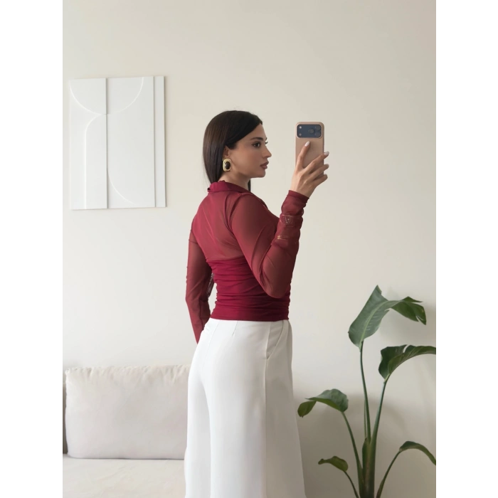 Tül Detay Polo Yaka Bluz - BORDO