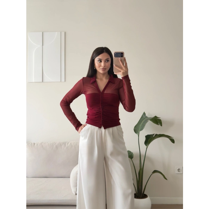 Tül Detay Polo Yaka Bluz - BORDO
