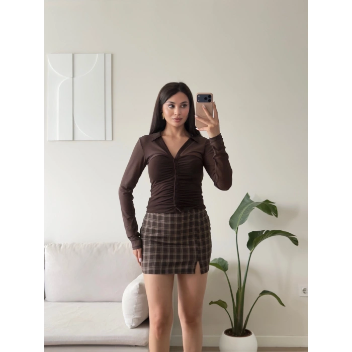 Tül Detay Polo Yaka Bluz - KAHVE