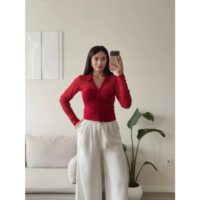 Tül Detay Polo Yaka Bluz - KIRMIZI