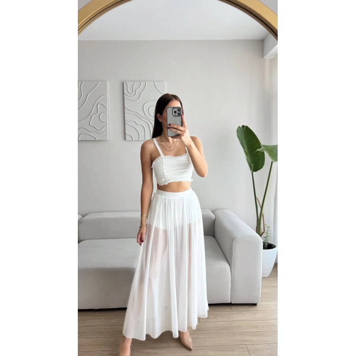 Tül Etek Kare Yaka Crop Takım - BEYAZ