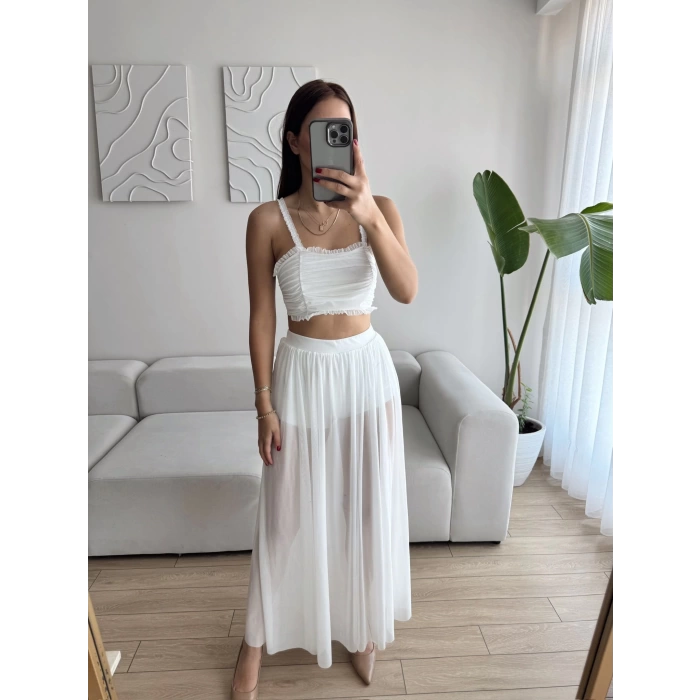 Tül Etek Kare Yaka Crop Takım - BEYAZ