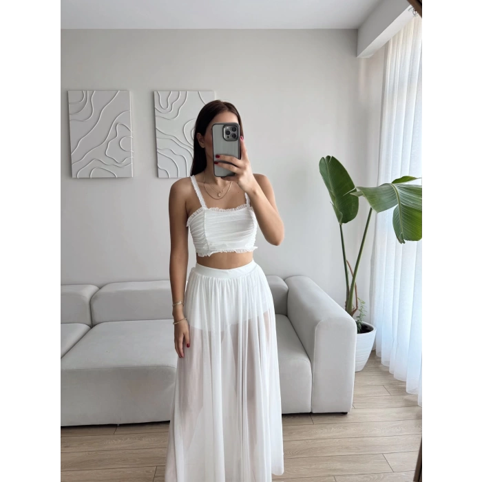 Tül Etek Kare Yaka Crop Takım - BEYAZ