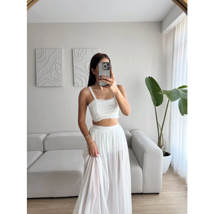 Tül Etek Kare Yaka Crop Takım - BEYAZ