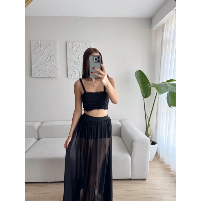 Tül Etek Kare Yaka Crop Takım - SİYAH
