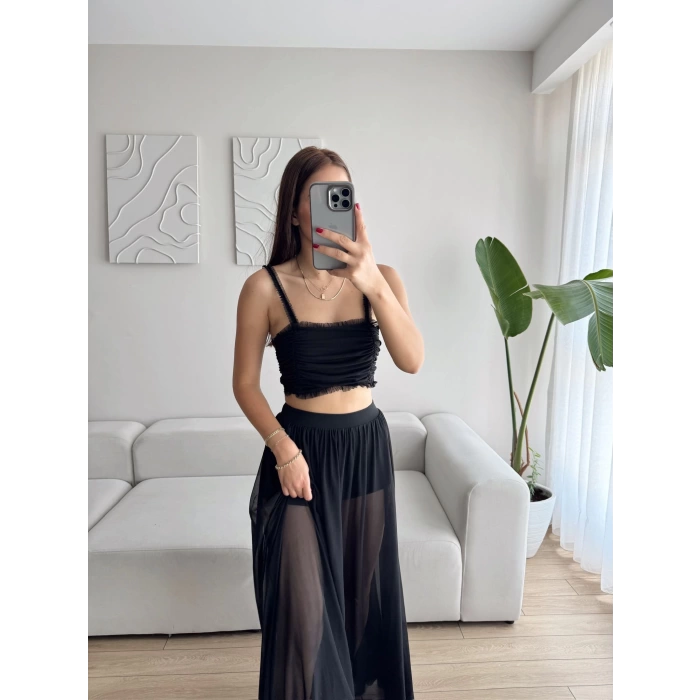 Tül Etek Kare Yaka Crop Takım - SİYAH