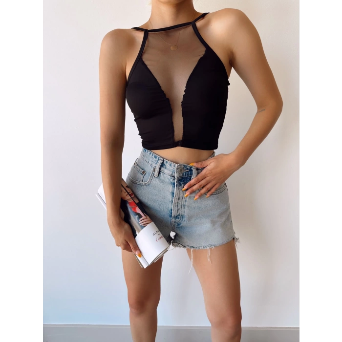 Tül Ve Sırt Detay Crop-SİYAH