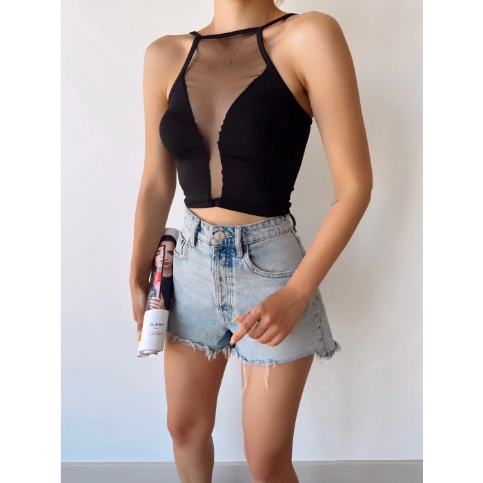 Tül Ve Sırt Detay Crop-SİYAH