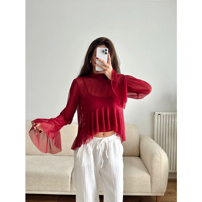 Tül Volanlı Tasarım Bluz - BORDO