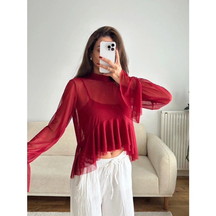 Tül Volanlı Tasarım Bluz - BORDO