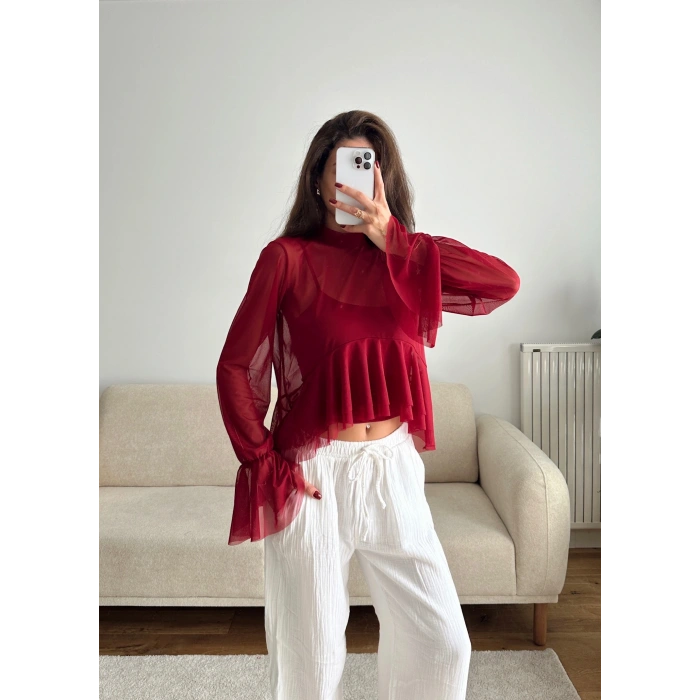 Tül Volanlı Tasarım Bluz - BORDO