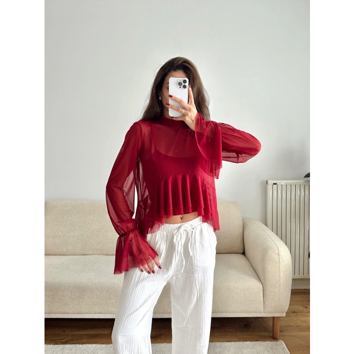 Tül Volanlı Tasarım Bluz - BORDO