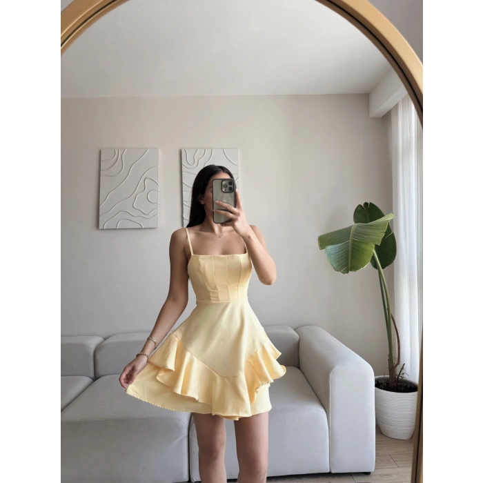 Twist Askılı Prenses Elbise - SARI