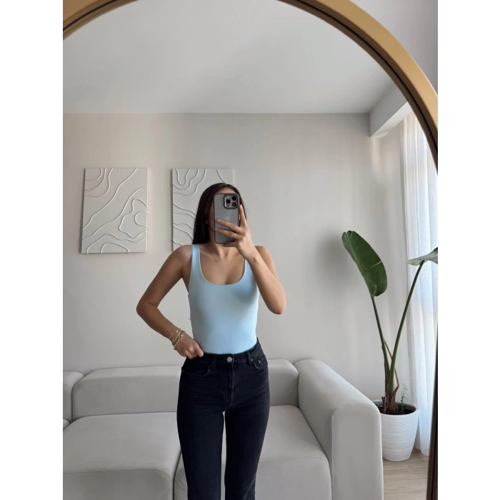 U Yaka Astarlı Crop - MAVİ