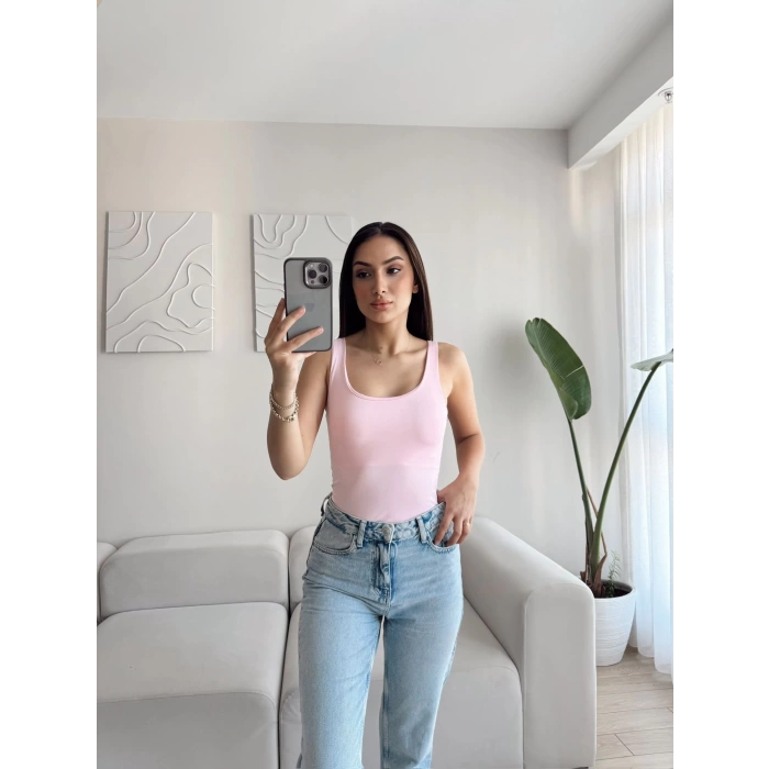 U Yaka Astarlı Crop - PEMBE