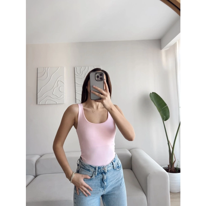 U Yaka Astarlı Crop - PEMBE