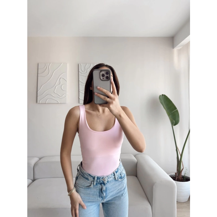 U Yaka Astarlı Crop - PEMBE