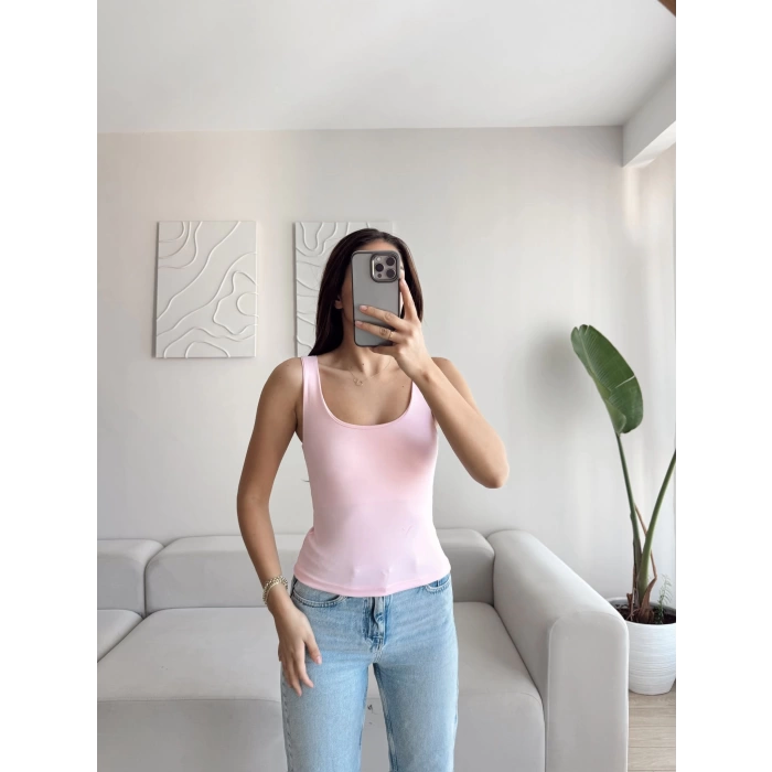 U Yaka Astarlı Crop - PEMBE