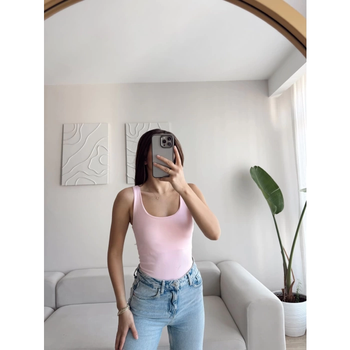 U Yaka Astarlı Crop - PEMBE