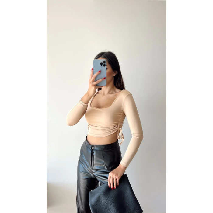 U Yaka Bağlamalı Crop Bluz-BEJ
