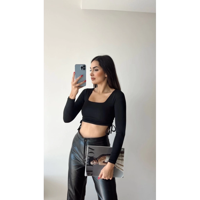 U Yaka Bağlamalı Crop Bluz-SİYAH