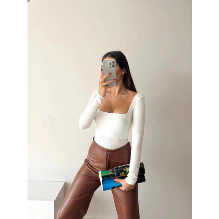 U Yaka Bodysuit-BEYAZ