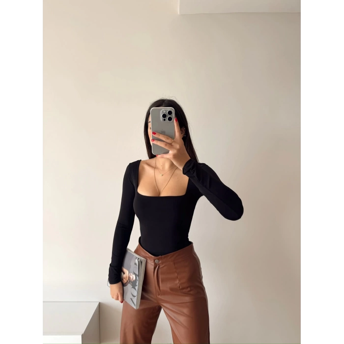 U Yaka Bodysuit-SİYAH