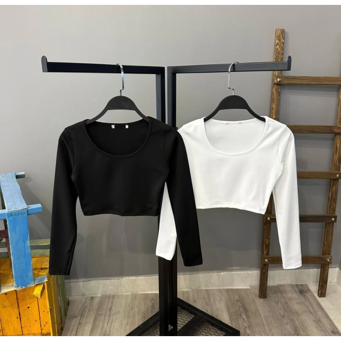 U Yaka Crop Bluz-SİYAH