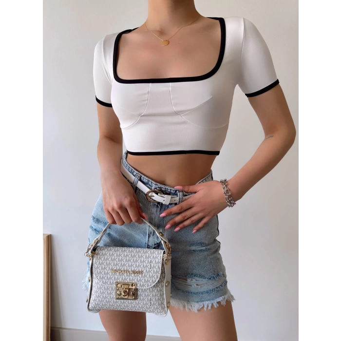 U Yaka Şeritli Crop-BEYAZ
