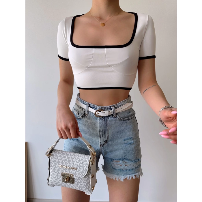 U Yaka Şeritli Crop-BEYAZ