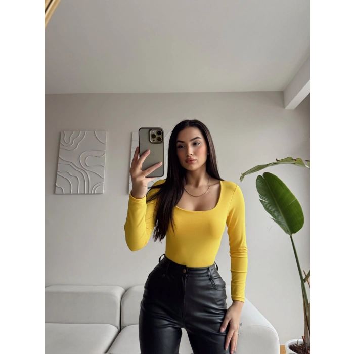 U Yaka Uzun Kol Bodysuit - SARI