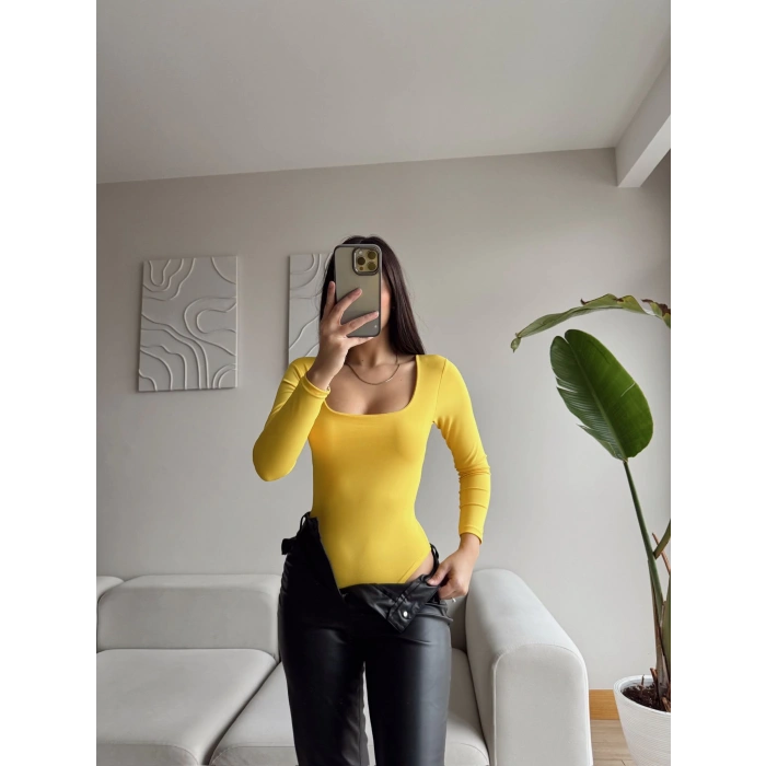 U Yaka Uzun Kol Bodysuit - SARI