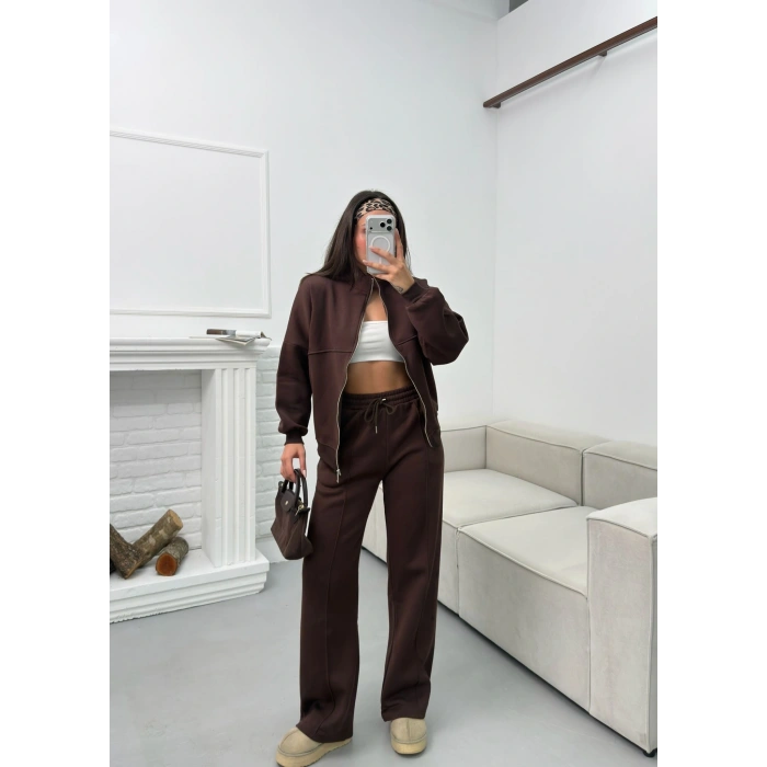 Üç İplik Bİyeli Eşofman Takımı - KAHVE