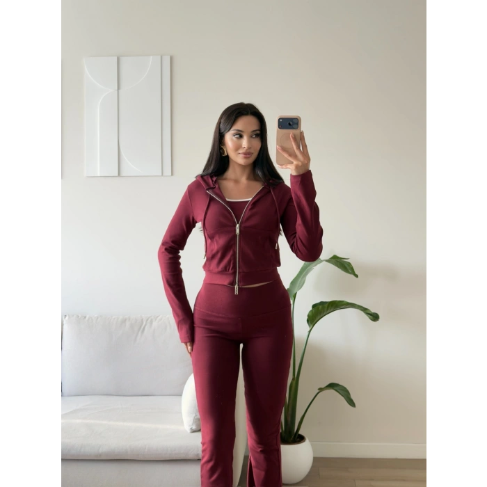Üçlü Garnili Hırkalı Takım - BORDO