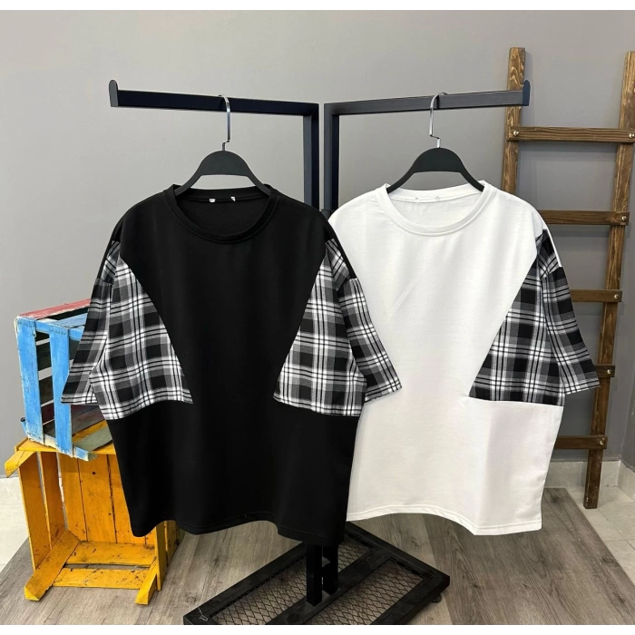 Unisex Oversize Kol Ekose T-shirt-SİYAH