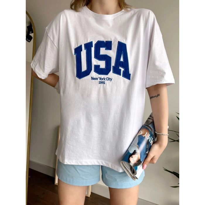 USA Unisex Oversize T-shirt-BEYAZ