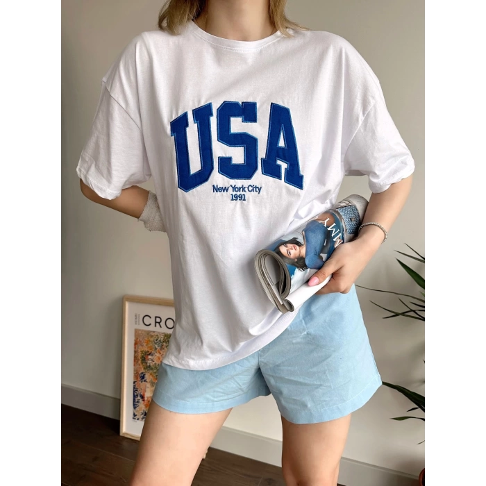 USA Unisex Oversize T-shirt-BEYAZ
