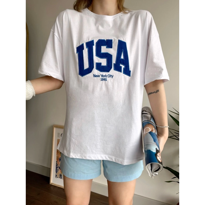 USA Unisex Oversize T-shirt-BEYAZ