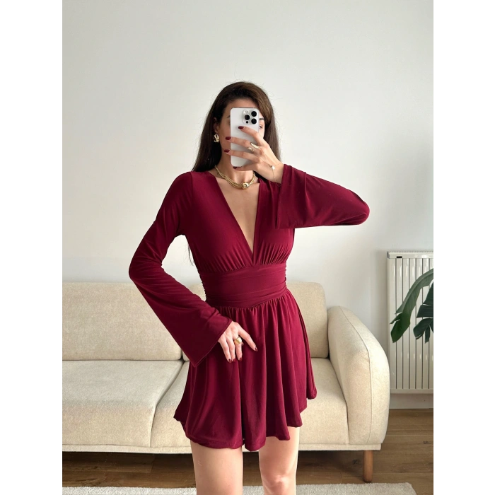V Dekolte Şortlu Elbise - BORDO