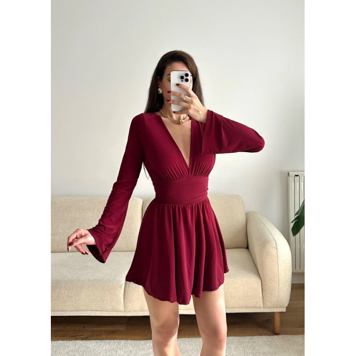 V Dekolte Şortlu Elbise - BORDO