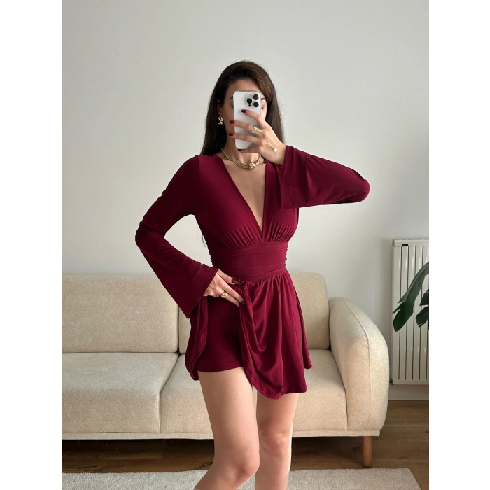 V Dekolte Şortlu Elbise - BORDO